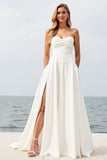 Ivory Strapless A Line Chiffon Beach Wedding Dress With Slit
