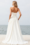 Ivory Strapless A Line Chiffon Beach Wedding Dress With Slit