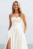 Ivory Strapless A Line Chiffon Beach Wedding Dress With Slit