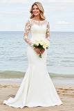 Ivory Mermaid Long Sleeves Appliqued Wedding Dress