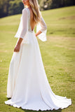 Ivory A Line 3/4 Sleeves Lace Long Wedding Dress