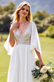 Ivory A Line 3/4 Sleeves Lace Long Wedding Dress