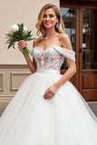 Ivory A Line Off The Shoulder Appliqued Tulle Long Wedding Dress