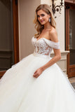 Ivory A Line Off The Shoulder Appliqued Tulle Long Wedding Dress