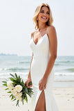 Ivory Mermaid Spaghetti Straps Wedding Dress with Slit