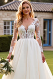 Ivory A Line Long Sleeves Lace Appliqued Wedding Dress