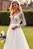 Ivory A Line Long Sleeves Lace Appliqued Wedding Dress