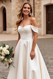 Ivory A Line Off The Shoulder Satin Long Wedding Dress