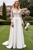 A Line Ivory Long Sleeves Lace Appliqued Wedding Dress
