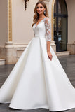 A Line Long Sleeves Ivory Appliqued Wedding Dress