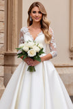 A Line Long Sleeves Ivory Appliqued Wedding Dress