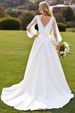 Long Sleeves Ivory A Line Pleated Wedding Dress