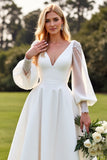 Long Sleeves Ivory A Line Pleated Wedding Dress