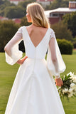 Long Sleeves Ivory A Line Pleated Wedding Dress