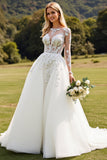 Long Sleeves Ivory A Line Lace Appliqued Wedding Dress