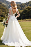 Long Sleeves Ivory A Line Lace Appliqued Wedding Dress