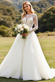 Long Sleeves Ivory A Line Lace Appliqued Wedding Dress