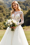 Long Sleeves Ivory A Line Lace Appliqued Wedding Dress