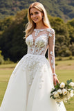 Long Sleeves Ivory A Line Lace Appliqued Wedding Dress