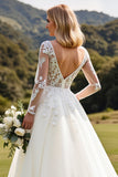 Long Sleeves Ivory A Line Lace Appliqued Wedding Dress