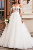 A Line Off The Shoulder Lace Appliqued Ivory Wedding Dress