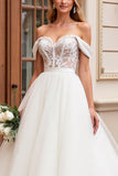 A Line Off The Shoulder Lace Appliqued Ivory Wedding Dress