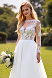 A Line Lace Appliqued Long Sleeves Ivory Wedding Dress