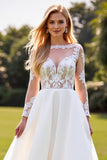 A Line Lace Appliqued Long Sleeves Ivory Wedding Dress
