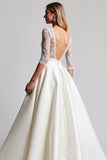 A Line Half Sleeves Ivory Lace Long Wedding Dress