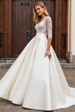 A Line Half Sleeves Ivory Lace Long Wedding Dress