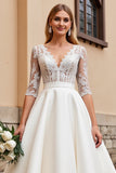 A Line Half Sleeves Ivory Lace Long Wedding Dress