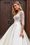 A Line Half Sleeves Ivory Lace Long Wedding Dress