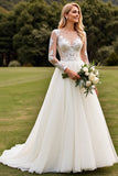 A Line Appliqued Long Sleeves Ivory Pleated Wedding Dress