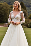 A Line Appliqued Long Sleeves Ivory Pleated Wedding Dress