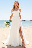 Ivory A Line Off The Shoulder Long Wedding Dress with Slit