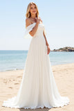 Ivory A Line Off The Shoulder Long Wedding Dress with Slit