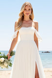 Ivory A Line Off The Shoulder Long Wedding Dress with Slit