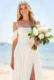 Ivory A Line Off The Shoulder Long Wedding Dress with Slit