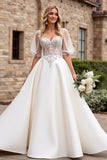 Ivory A Line Half Sleeves Appliqued Long Wedding Dress