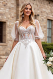 Ivory A Line Half Sleeves Appliqued Long Wedding Dress