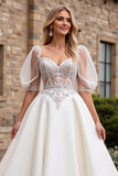 Ivory A Line Half Sleeves Appliqued Long Wedding Dress