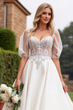 Ivory A Line Half Sleeves Appliqued Long Wedding Dress