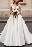 A Line Long Sleeves Ivory Lace Wedding Dress