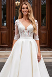 A Line Long Sleeves Ivory Lace Wedding Dress