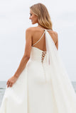 Ivory A-Line Spaghetti Straps Ruched Satin Wedding Dress