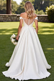 Ivory A-Line Off The Shoulder Satin Wedding Dress with Rhinestones