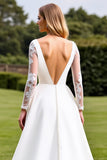 White A-Line Deep V Neck Satin Long Sleeve Wedding Dress With Lace