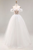 Ivory Applique Off the Shoulder A Line Long Wedding Dress