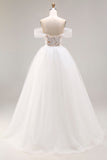 Ivory Applique Off the Shoulder A Line Long Wedding Dress