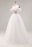 Ivory Applique Off the Shoulder A Line Long Wedding Dress
